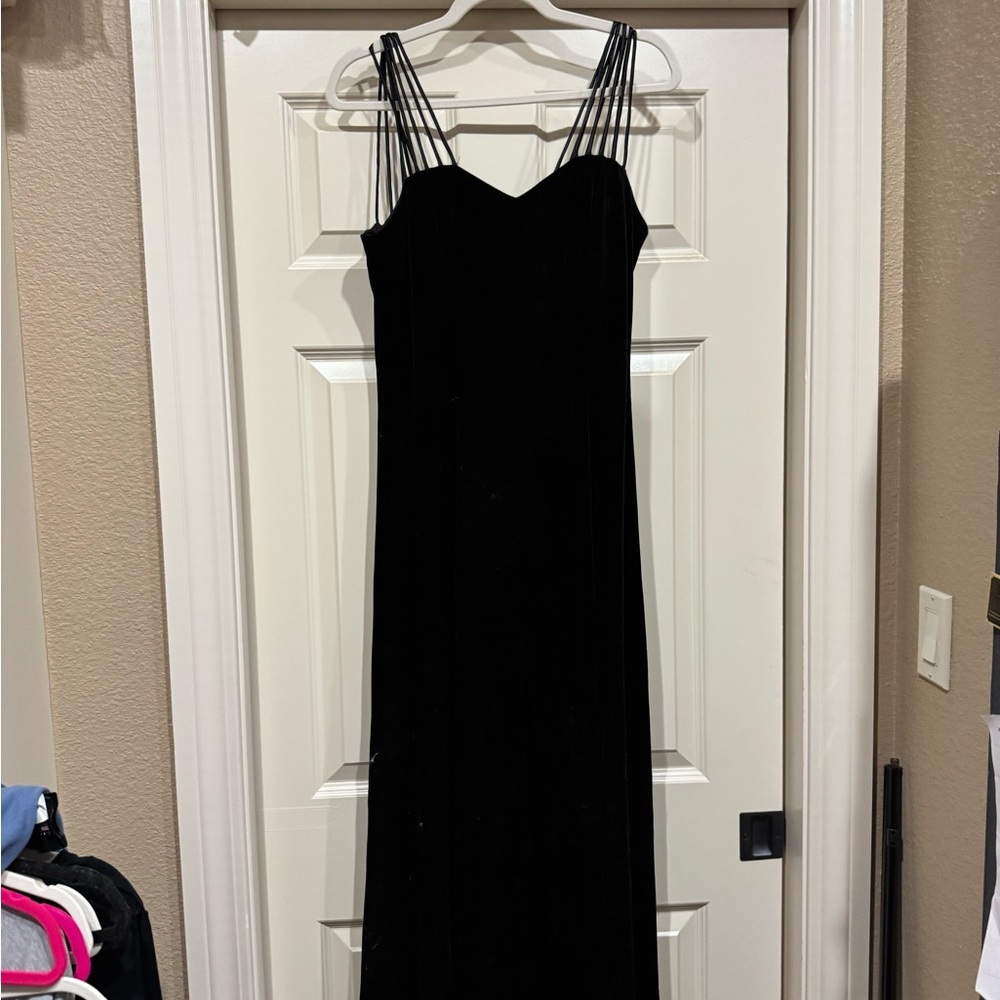 VINTAGE 90s Another Thyme Black Velvet Multi-Strap Maxi Dress w Sheer wrap - Picture 2 of 7